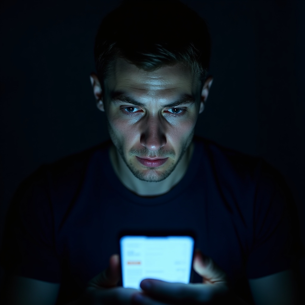 Osoba z podkrążonymi oczami patrząca na ekran telefonu w ciemnym pokoju, symbolizująca niedobór snu i nocne zakupy