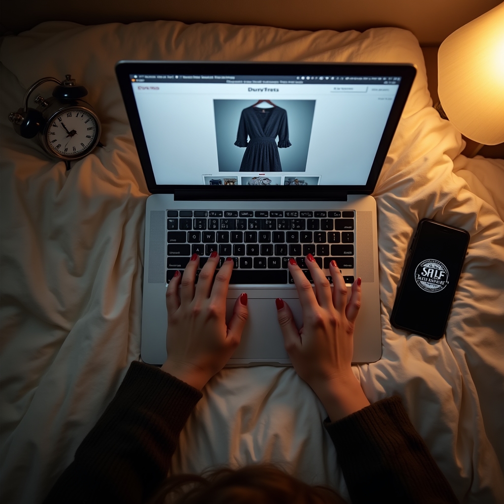 Dłonie osoby przewijającej sklep internetowy na laptopie późno w nocy przy przyćmionym świetle